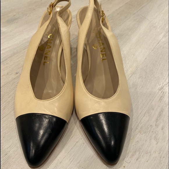 CHANEL Shoes - Chanel Bone and Black Kitten Heel Sling Back Pumps
